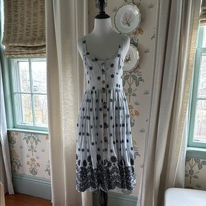 Anthropologie Spring Blue & White Seersucker and Navy Embroidered Flower  Dress